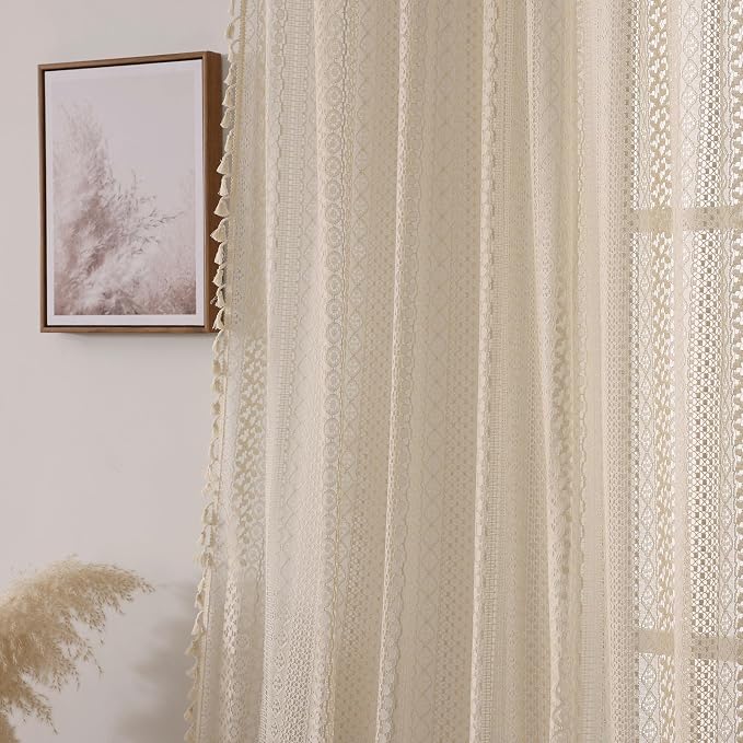 WAZZIO Boho Lace Curtains 45 Inches 2 Panel, Light Filtering Privacy Tassel & - Image 5