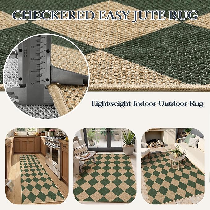 Lahome Colette Checkered Outdoor Patio Easy Jute Rug, 3x5 Dark Green Washable - Image 5