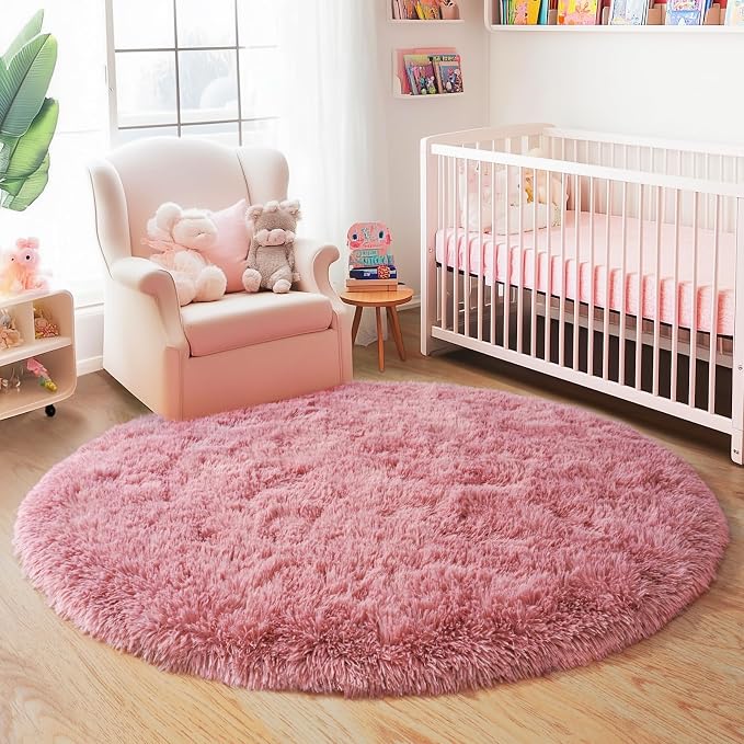 4'x4' Blush Round Rugs for Girls Bedroom, Ultra Soft Fluffy Circle Rug for Kids - Image 9