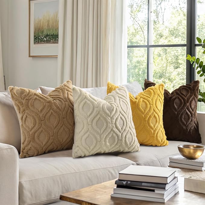 decorUhome Throw Pillow Covers 24x24 Inch Set of 2, Soft Plush Faux Wool Khaki - Image 2