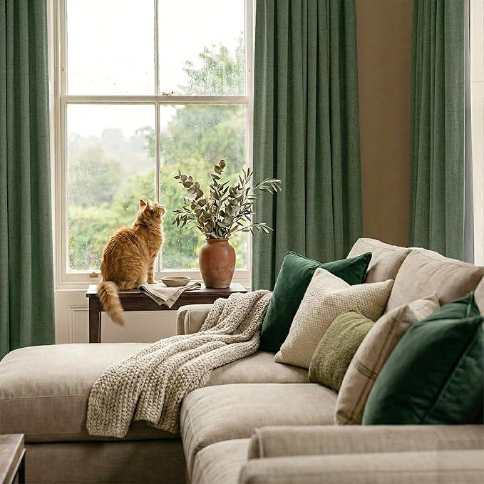 RYB HOME Olive Green 100% Blackout Linen Curtains 102 inches Long, Luxury - Image 6