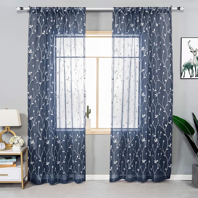 AmHoo 2 Panels Embroidered Leaf Pattern Semi Sheer Curtains Foliage Floral - Image 2