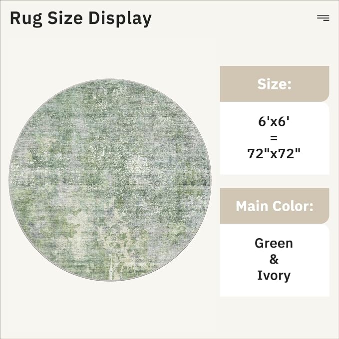 6x6 Green/Ivory Round Rug 6ft Living Room Circle Rug Vintage Round Area Rug Non - Image 5