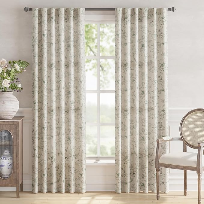 jinchan Floral Linen Curtains for Living Room 84 Inch Length Green Flower - Image 2
