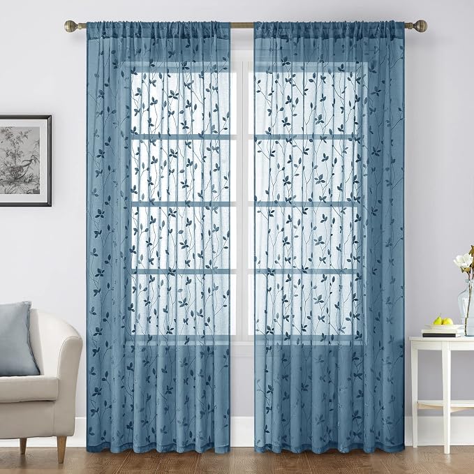 HOMEIDEAS Cyan Blue Sheer Curtains 52 X 96 Inches Length 2 Panels Embroidered by HOMEIDEAS
