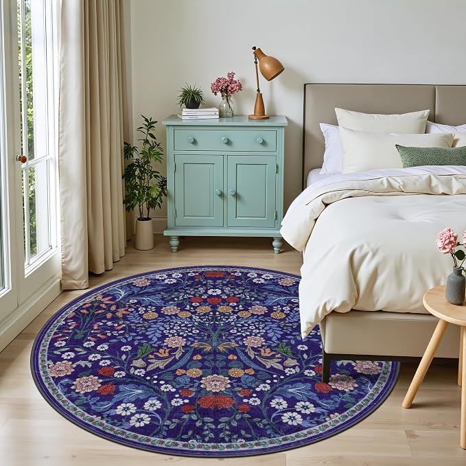 Round Area Rug for Living Room: 6 ft Floral Washable Circle Rug Soft Boho - Image 3