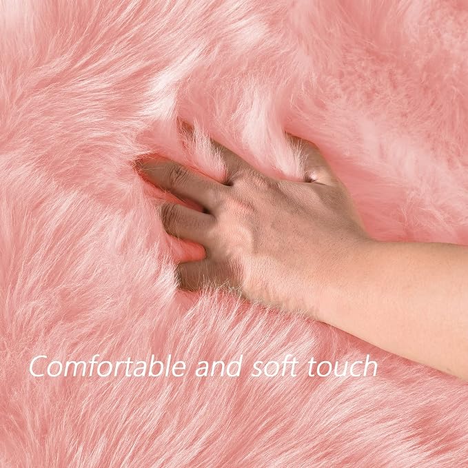 Latepis Pink Faux Sheepskin Round Rugs 6.7ft Cute Furry Rug - Image 4
