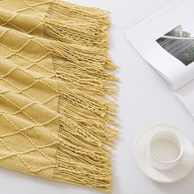 BOURINA Mustard Throw Blanket 50x60 Inches Throw Textured Solid Soft Sofa Couch - Image 5