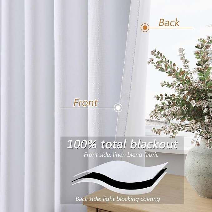 Guken White 100% Blackout Linen Curtains 52 Inch Wide by 130 Inch - Image 4