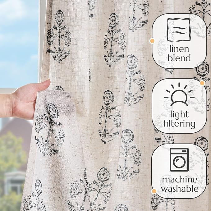 jinchan Linen Floral Curtains for Living Room 84 Inch Length Black Flower - Image 4