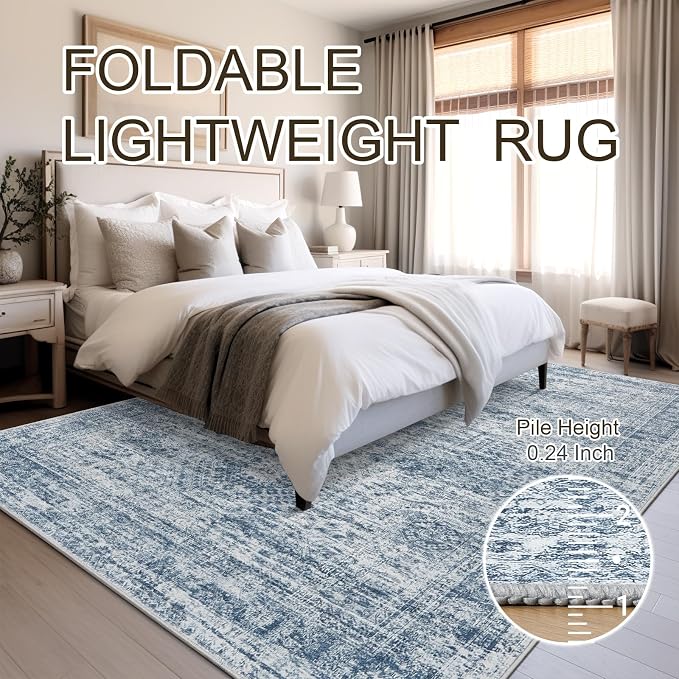 5x7 Area Rugs Blue Low Pile Indoor Washable Trendy Faded Style Rugs - Image 8