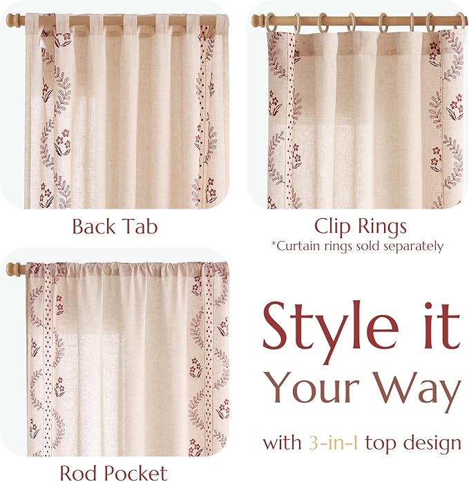 jinchan Belrose Linen Curtains for Bedroom Floral Curtains 63 Inch Length Linen - Image 6