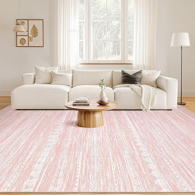 Nakagishi Pink Rugs for Bedroom Girls: 4x6 Washable Boho Large Neutral Area Rug - Image 4