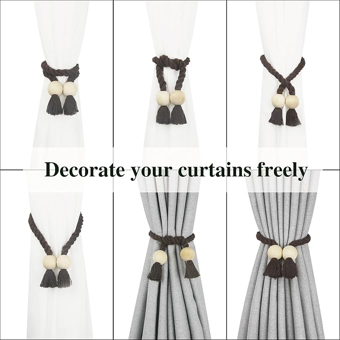 4 Pack Magnetic Curtain Tiebacks Cotton Hand Woven Tie Back Decorative Rope - Image 5