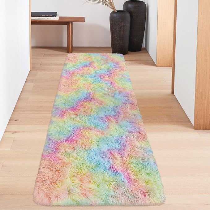 Fluffy Rainbow Rug for Girls Bedroom 2x6 Feet Kawaii Tie Dye Runner Rug Cute - Image 2