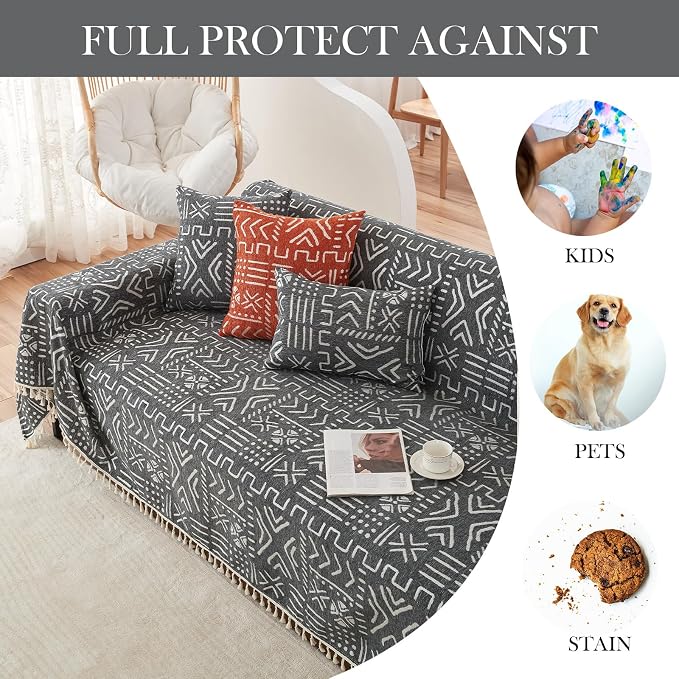 HANDONTIME Black White Boho Sofa Cover Boho Geometric Couch Covers Tassel - Image 5