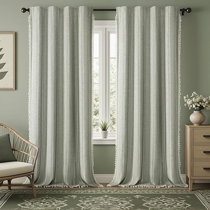 Boho Blackout Curtains 96 Inches Long Sage Green Linen Blend 2 Panels by Unknown