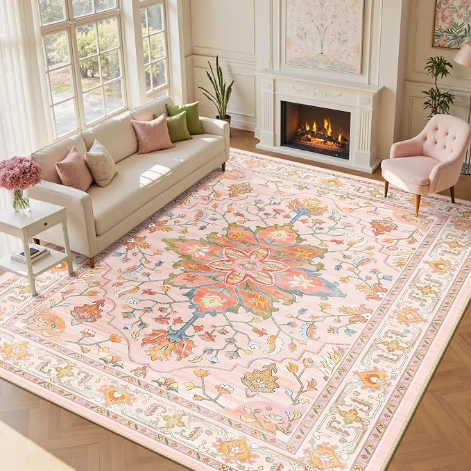RELEANY Area Rugs 9'x12' Washable Non-Slip, Floral Vintage Distress Print - Image 2