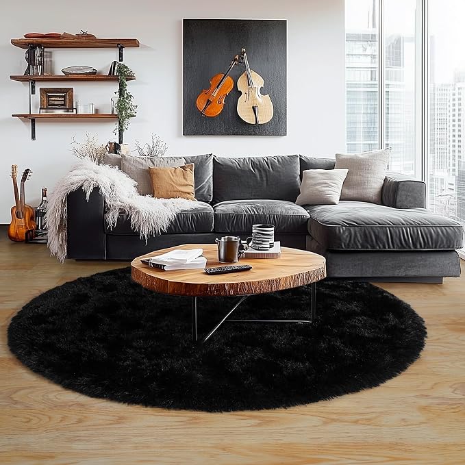 6‘x6’ Black Round Rug for Bedroom, Ultra Soft Fluffy Circle Rug for Kids Girls - Image 3
