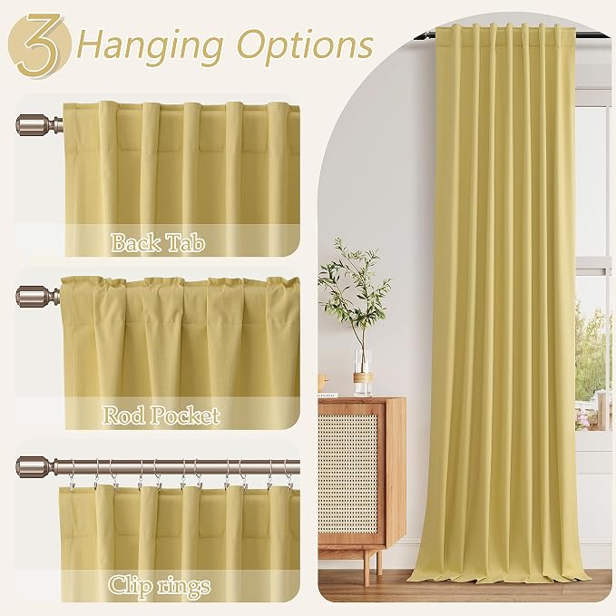 Guken Yellow 100% Blackout Linen Curtains 120 Inch Length 2 Panels Set - Image 6