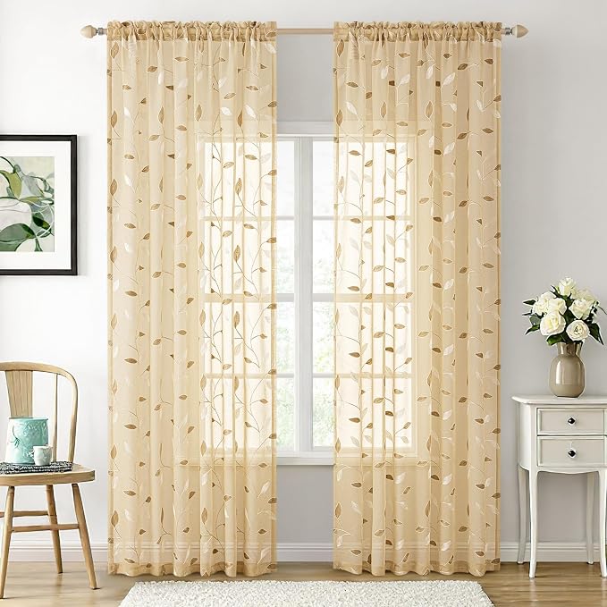 MIULEE Khaki Sheer Curtains 2 Panels Embroidered Leaf Patterned Rod Pocket - Image 2