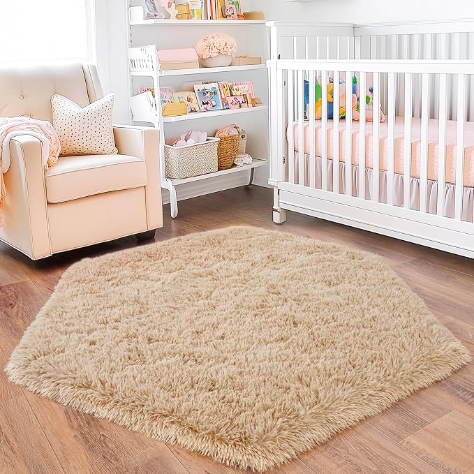 4x4.6 Feet Beige Hexagon Rugs for Princess Tent, Ultra Soft Fluffy Hexagon Area by Quntue