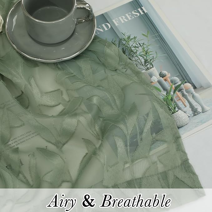 Lecloud Leia Sage Green Sheer Curtains 16 Inch Length 2 Pcs, Jacquard Leaf - Image 2