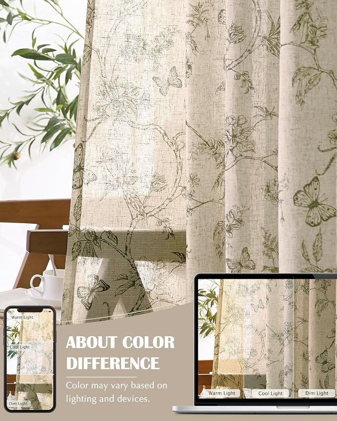 jinchan Floral Linen Curtains for Living Room 63 Inch Length Butterfly Sage - Image 7