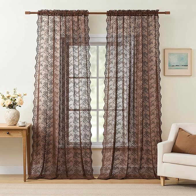 YJ YANJUN Vintage Lace Curtains 72 Inches Long- Country Brown Floral Curtains by YJYANJUN