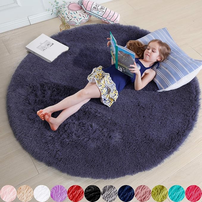 Purple Gray Round Rugs 5Ft for Bedroom Decor Aesthetic, Fluffy Fuzzy Circle by Amdrebio