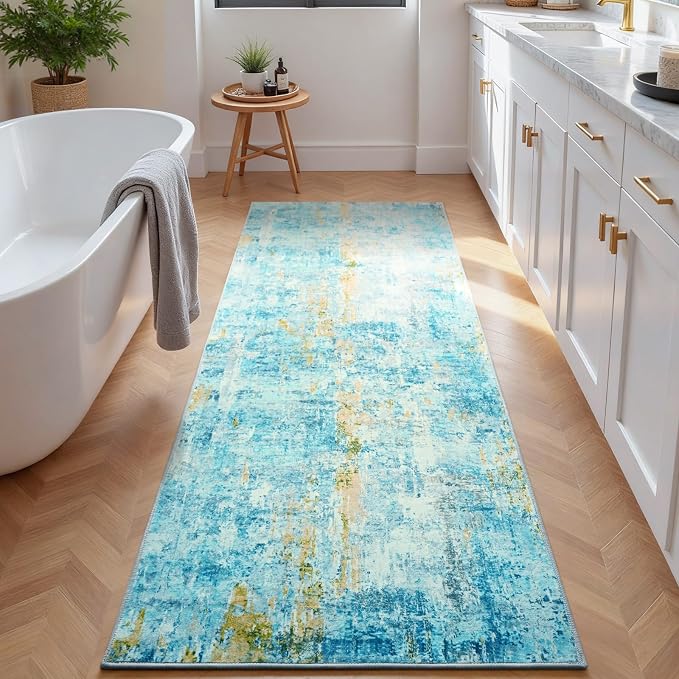 Runner Rug for Kitchen Teal Blue Hallways Runner Rug Non Slip 2'6''x8' Washable - Image 3