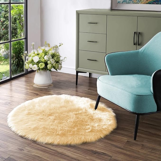 Latepis Yellow Rug for Bedroom Circle Faux Sheepskin Fur Round Rugs 5ft Furry by Latepis