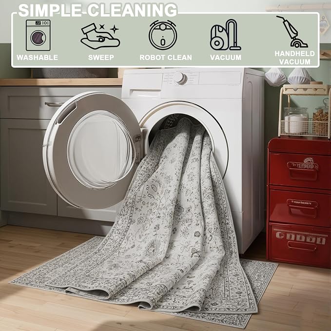 Grey White Area Rugs 5x8 for Living Room Bedroom, Non-Slip Washable Rugs Stain - Image 5