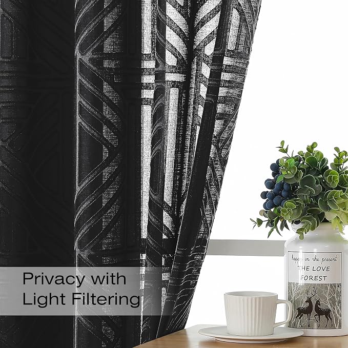 Simplebrand Semi Sheer Black Curtains 30 Inch Length 2 Panels, Geometric - Image 3