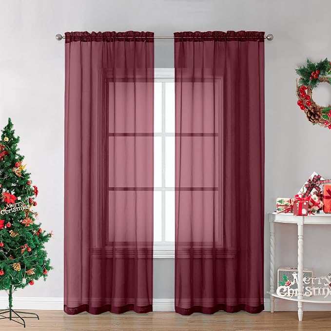 OVZME Burgundy Sheer Curtains 84 inch Length 2 Panels Set, Light Filtering by OVZME
