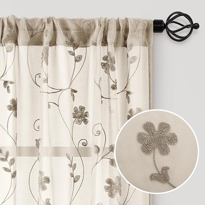 HOMEIDEAS Taupe Sheer Curtains 96 Inches Long 2 Panels Beige Embroidered Floral - Image 4