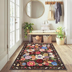 Floral Machine Washable Rug Black/Brown, 3x5 Rug Non Slip Soft Bedroom Rugs - Image 2