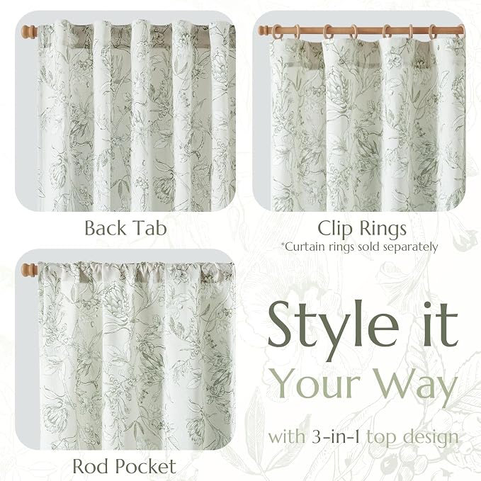 jinchan Floral Curtains 96 Inches Long Sage Green Flower Linen Farmhouse Curtain - Image 5