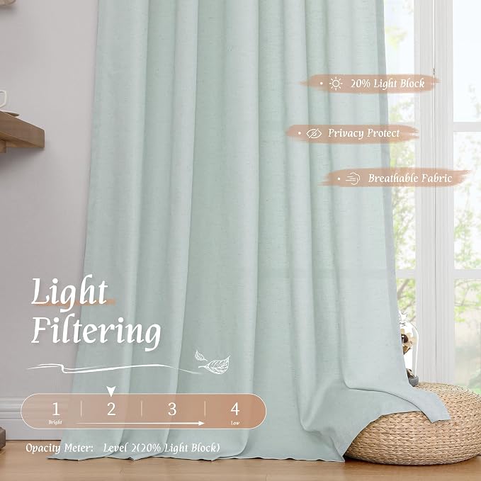 LAMIT Linen Curtains 63 Inch for Bedroom, Light Filtering Neutral Semi Sheer - Image 9