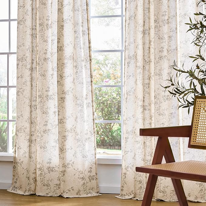 Lazzzy Grey Floral Linen Curtains 84 Inch Length Farmhouse Curtain Back Tab - Image 7