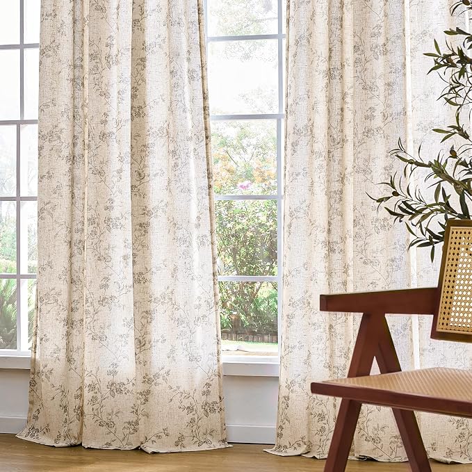Lazzzy Farmhouse Linen Curtains Gray Floral Curtains 96 Inch Long Back Tab - Image 7