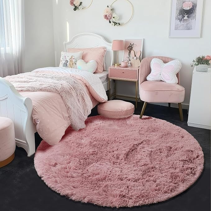 Blush Fluffy Round Rug 5Ft for Bedroom, Fuzzy Plush Circle Area Rugs for Baby - Image 2