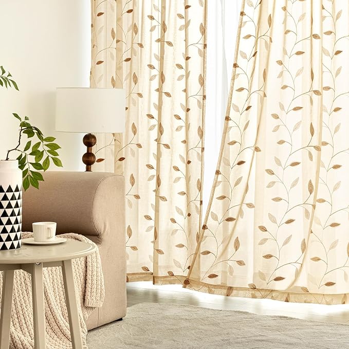 MIULEE Khaki Sheer Curtains 2 Panels Embroidered Leaf Patterned Rod Pocket - Image 6