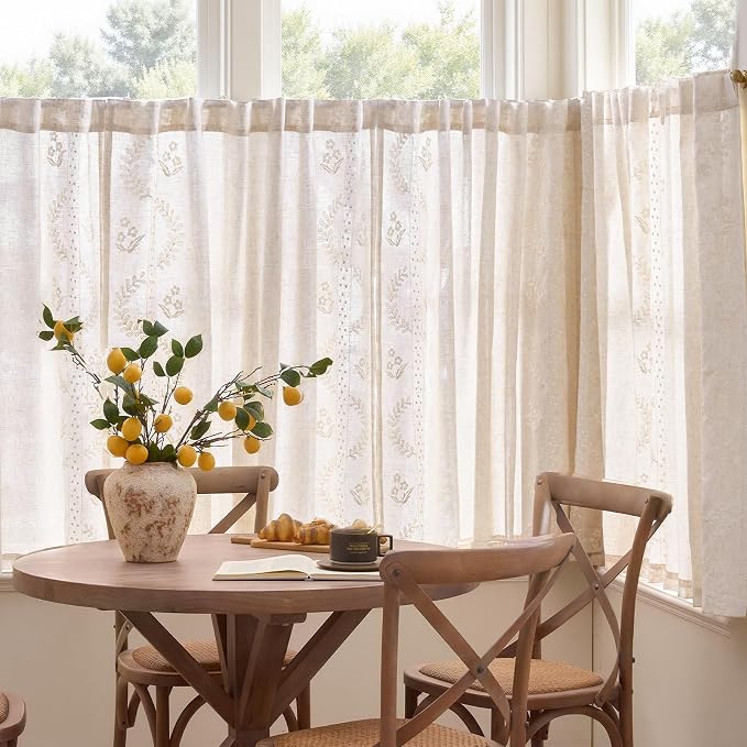 jinchan Belrose Linen Floral Cafe Curtains 54 Inch Length Embroidered Farmhouse - Image 3