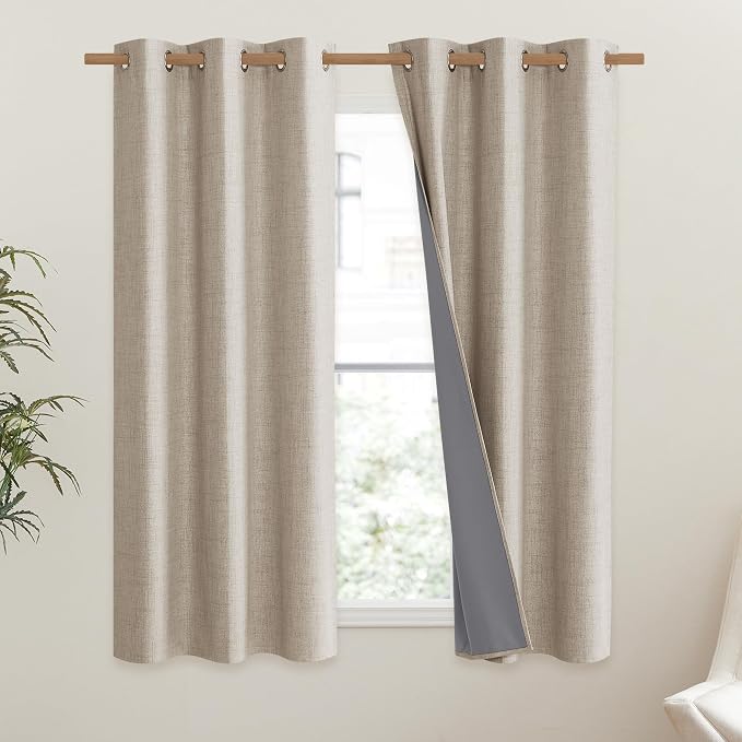 NICETOWN Oatmeal Thick Linen Blend 100% Blackout Curtains 63" Long 2 Panels Set - Image 2