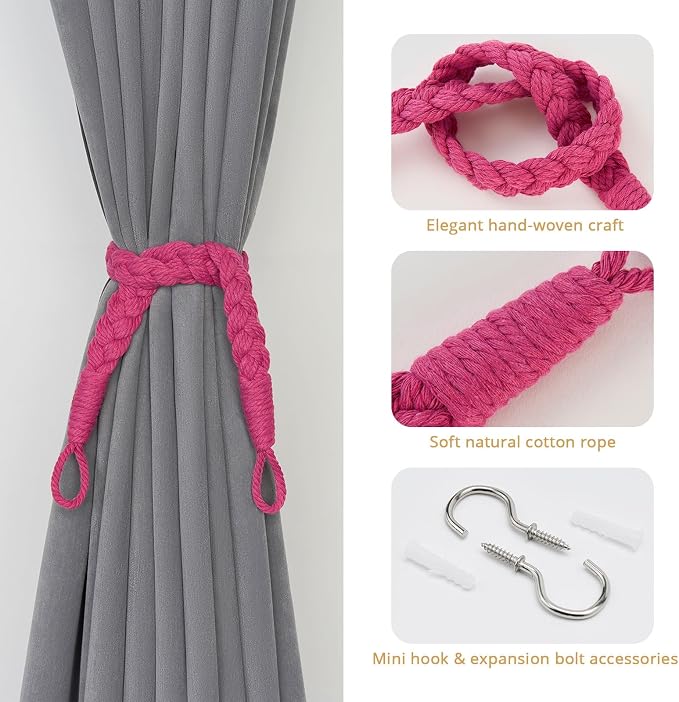 NICEEC 2 Pack Natural Cotton Rope Curtain Tiebacks Elegant Boho Style - Image 2