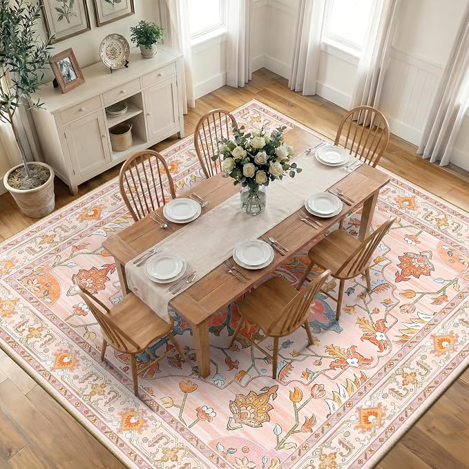 RELEANY Area Rugs Square 10ft Washable Non-Slip, Floral Vintage Distress Print by RELEANY