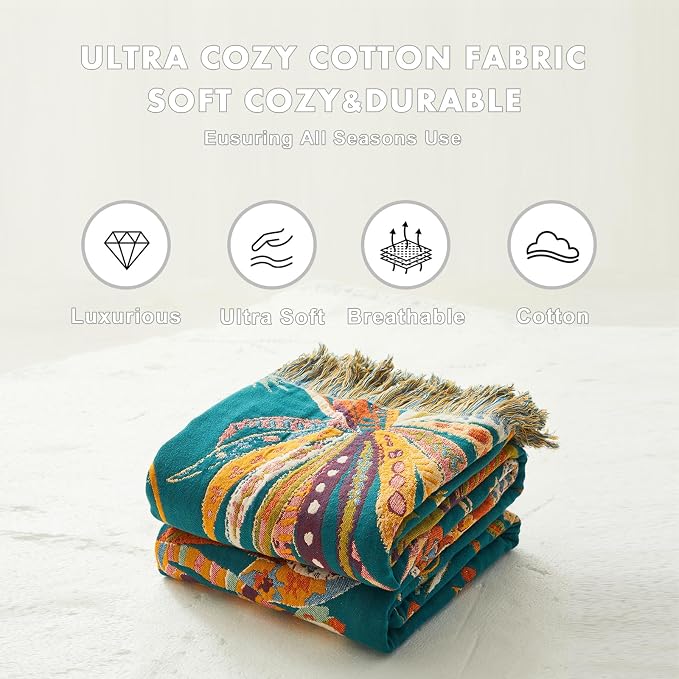 MSGKV Boho Throw Blanket for Bed Twin Size 100% Cotton Floral Blanket 60"x80" - Image 5