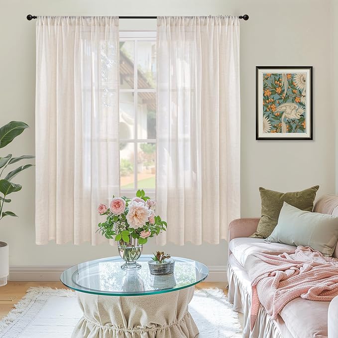 BGment Oatmeal Linen Semi Sheer Curtains 63 Inch Length - Image 2