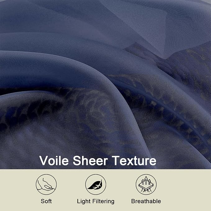 Sheer Navy Blue Curtains for Bedroom Living Room 54 Inch Length 2 Panels Set - Image 3